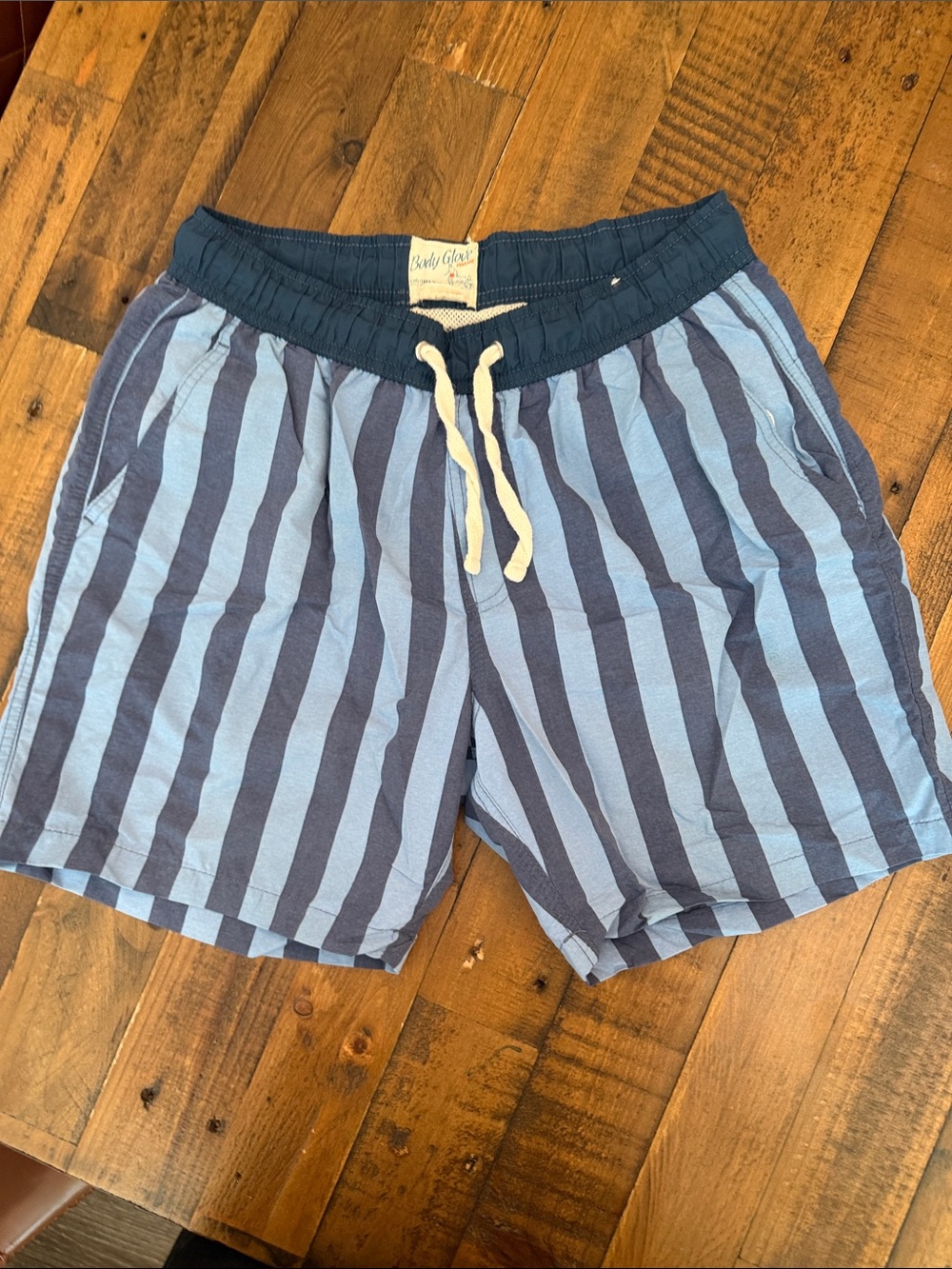 Body Glove Navy and Light Blue Vertical Stripe Swim Trunks